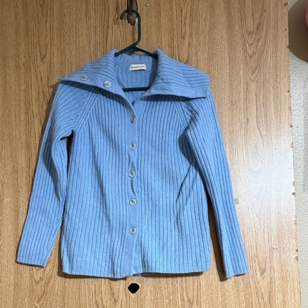 REPEAT Stylish Blue Ribbed Cardigan 100% merino Wool  (looks like a size medium)